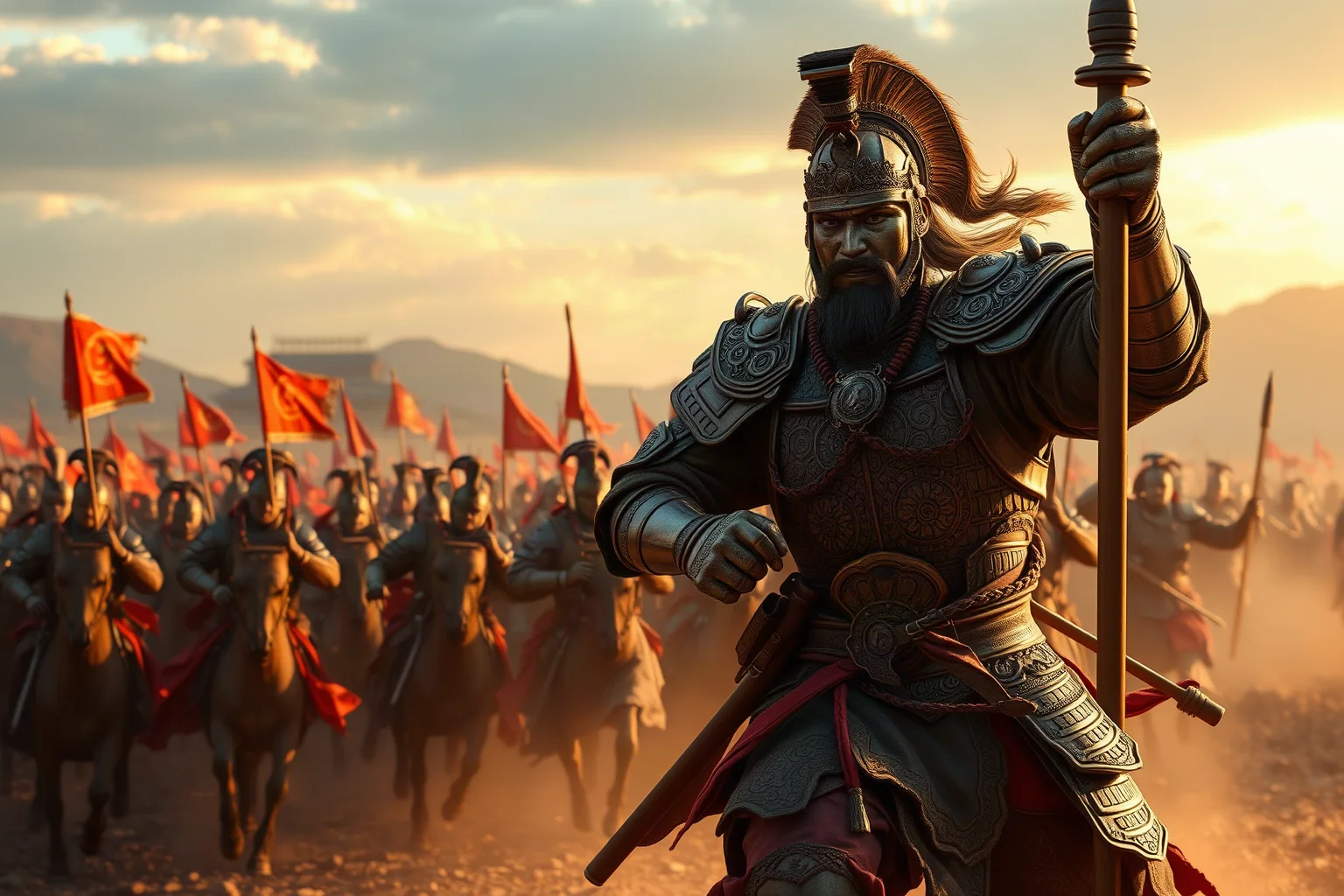 Ancient Chinese warrior-king in bronze armor leading troops into a decisive battle at dawn