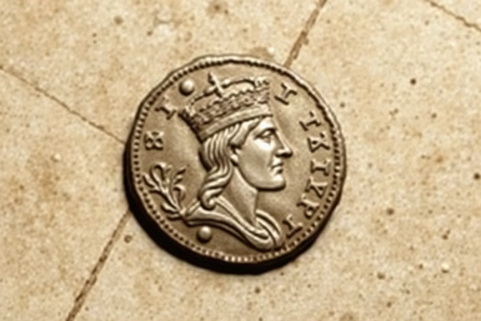 Ancient coin illustration showing a stylized royal profile, historical numismatic art style