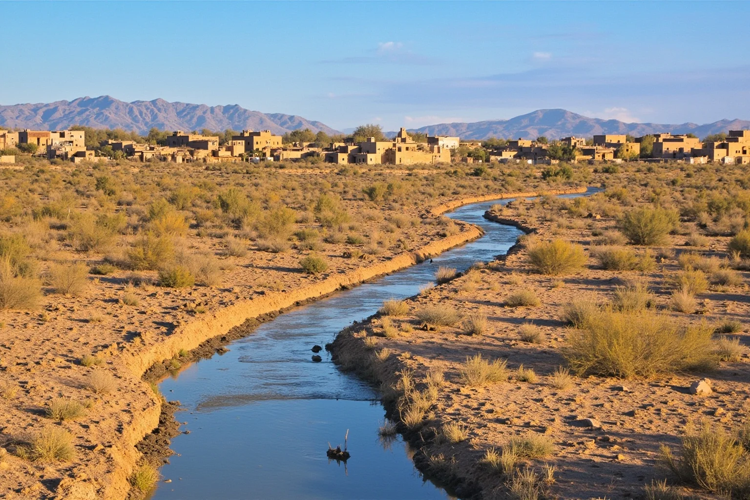 Ancient desert canal network winding through Sonoran Desert farmland toward small adobe villages