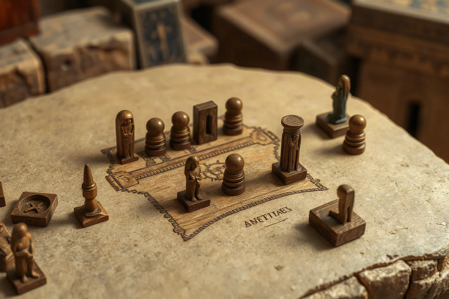 Ancient Egyptian board game pieces and a wooden game board on a stone table, illustrative style