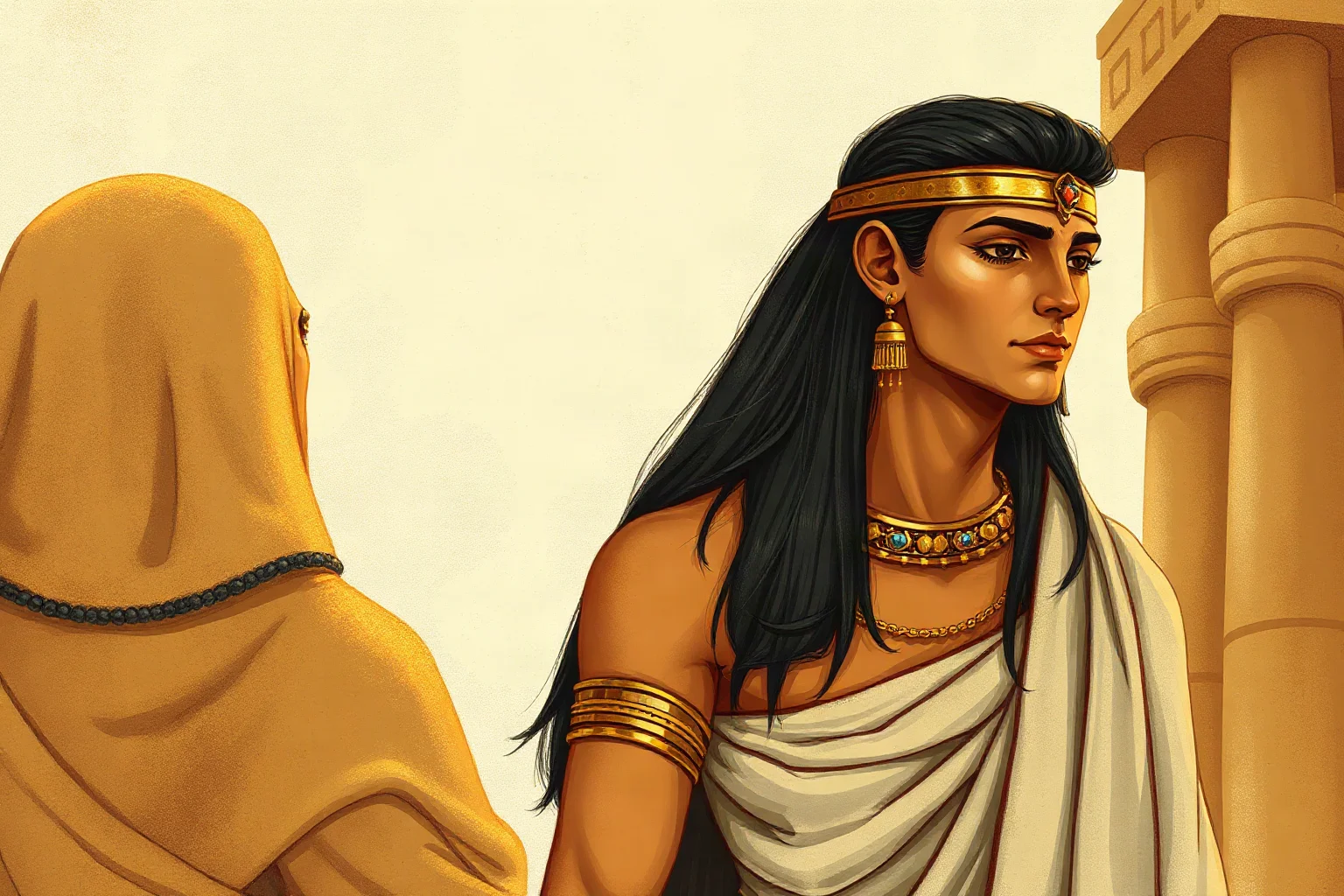 Ancient Egyptian bride and groom in ceremonial linen robes and gold jewelry, illustrative art