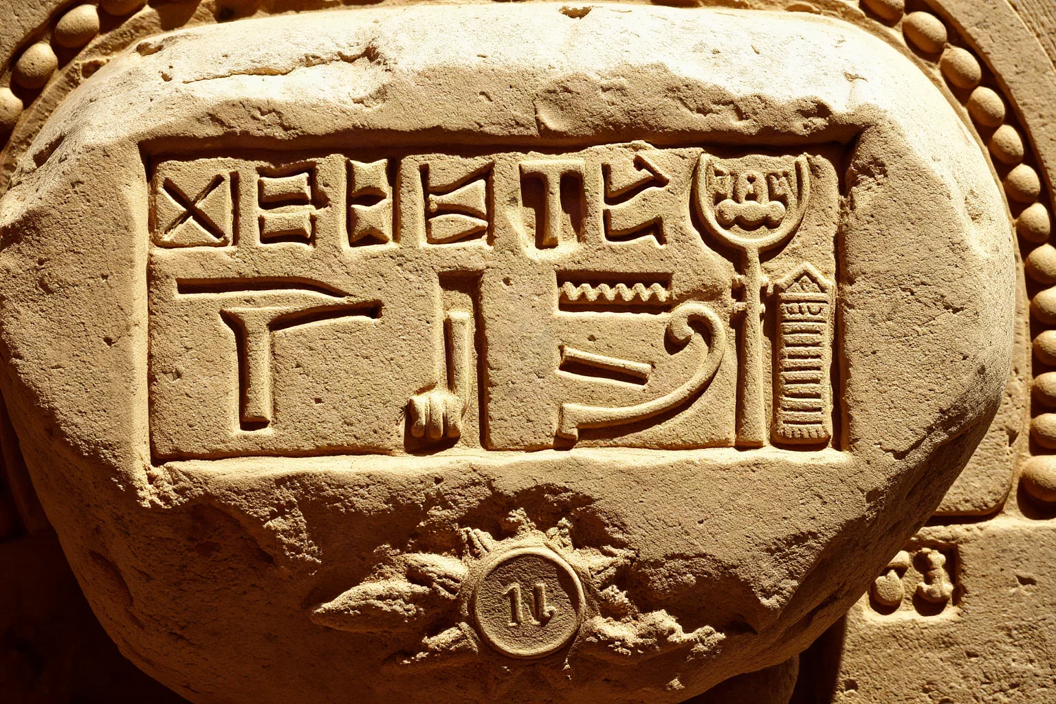 Ancient Egyptian hieroglyphic cartouche carved into stone, showing royal name symbols