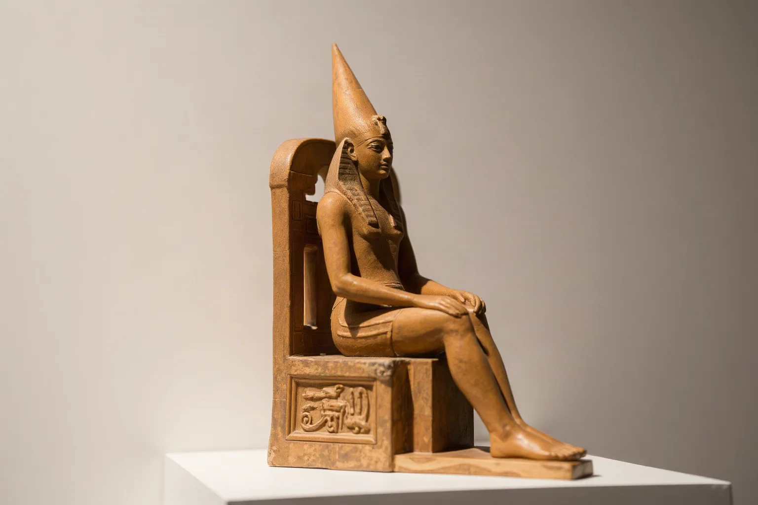 Ancient Egyptian pharaoh figure seated on a throne, representing a New Kingdom king