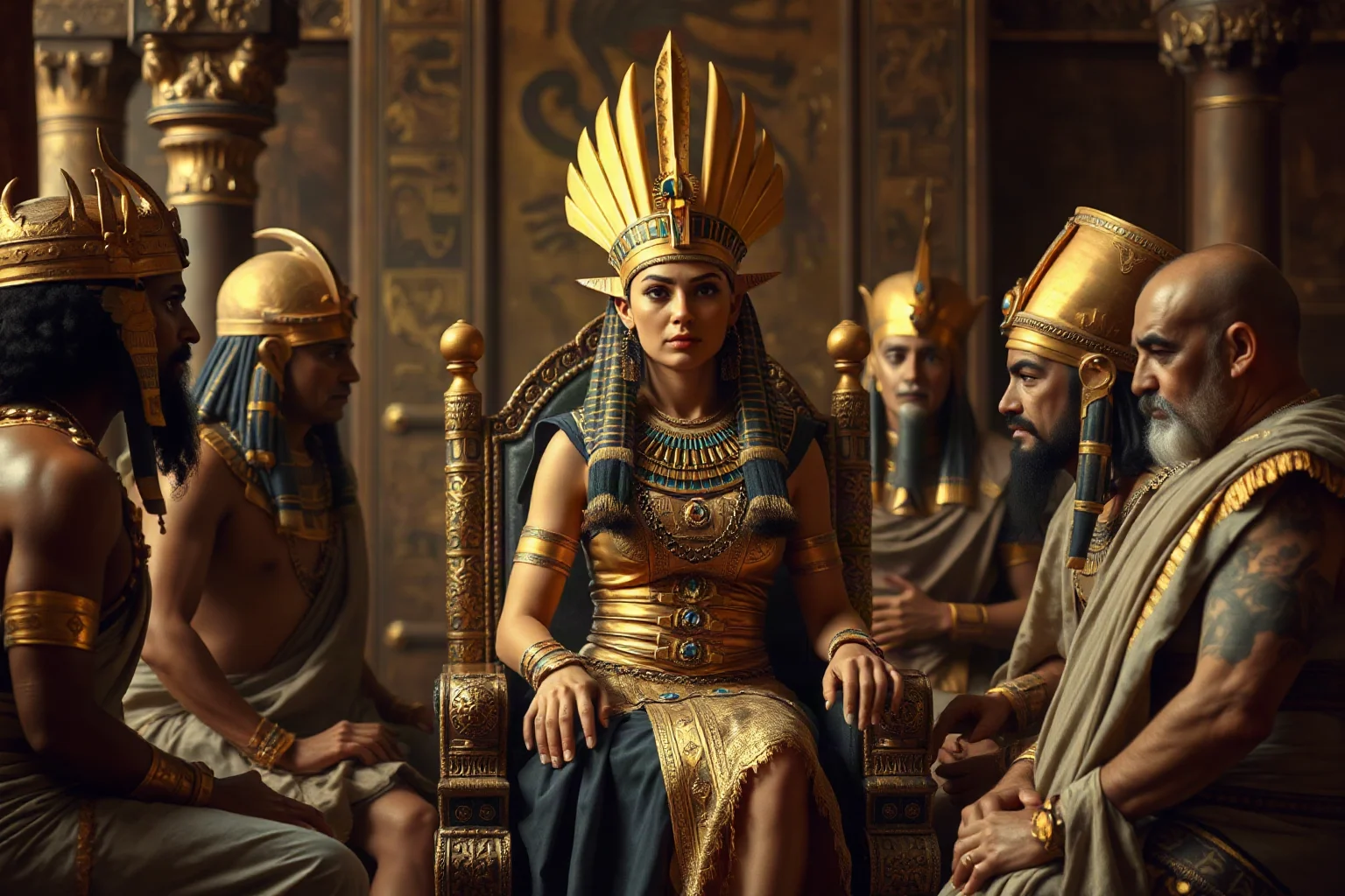 Ancient Egyptian queen in golden regalia seated on a throne, surrounded by male relatives in a tense political standoff