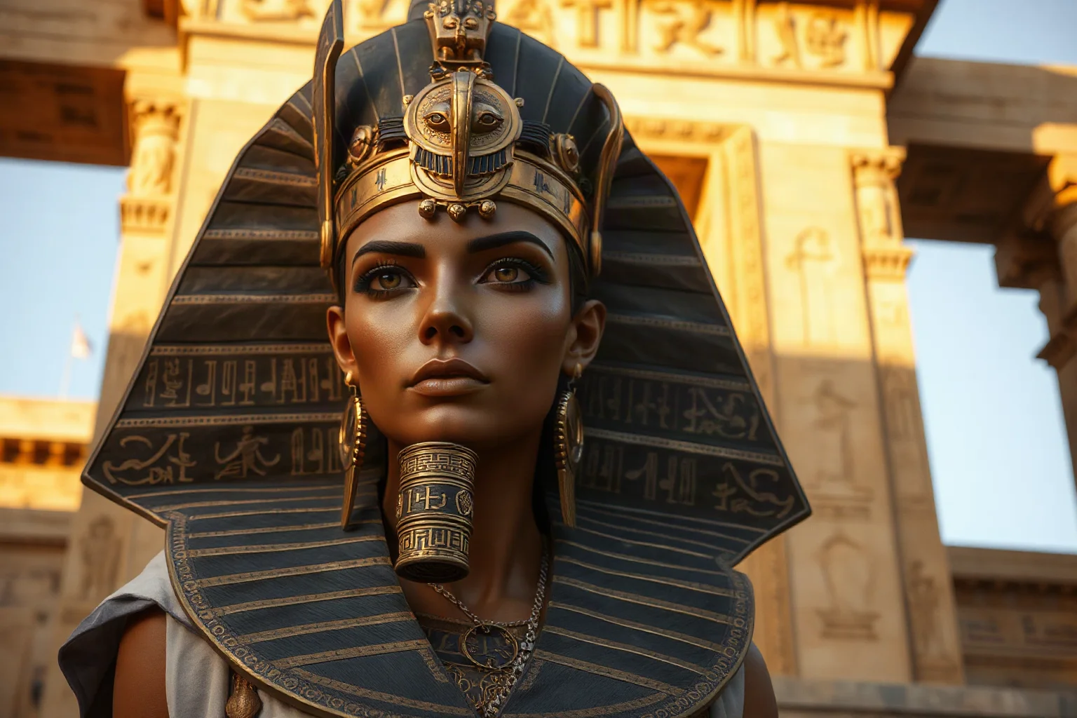 Ancient Egyptian royal woman in ornate regalia, hieroglyphics and palace architecture