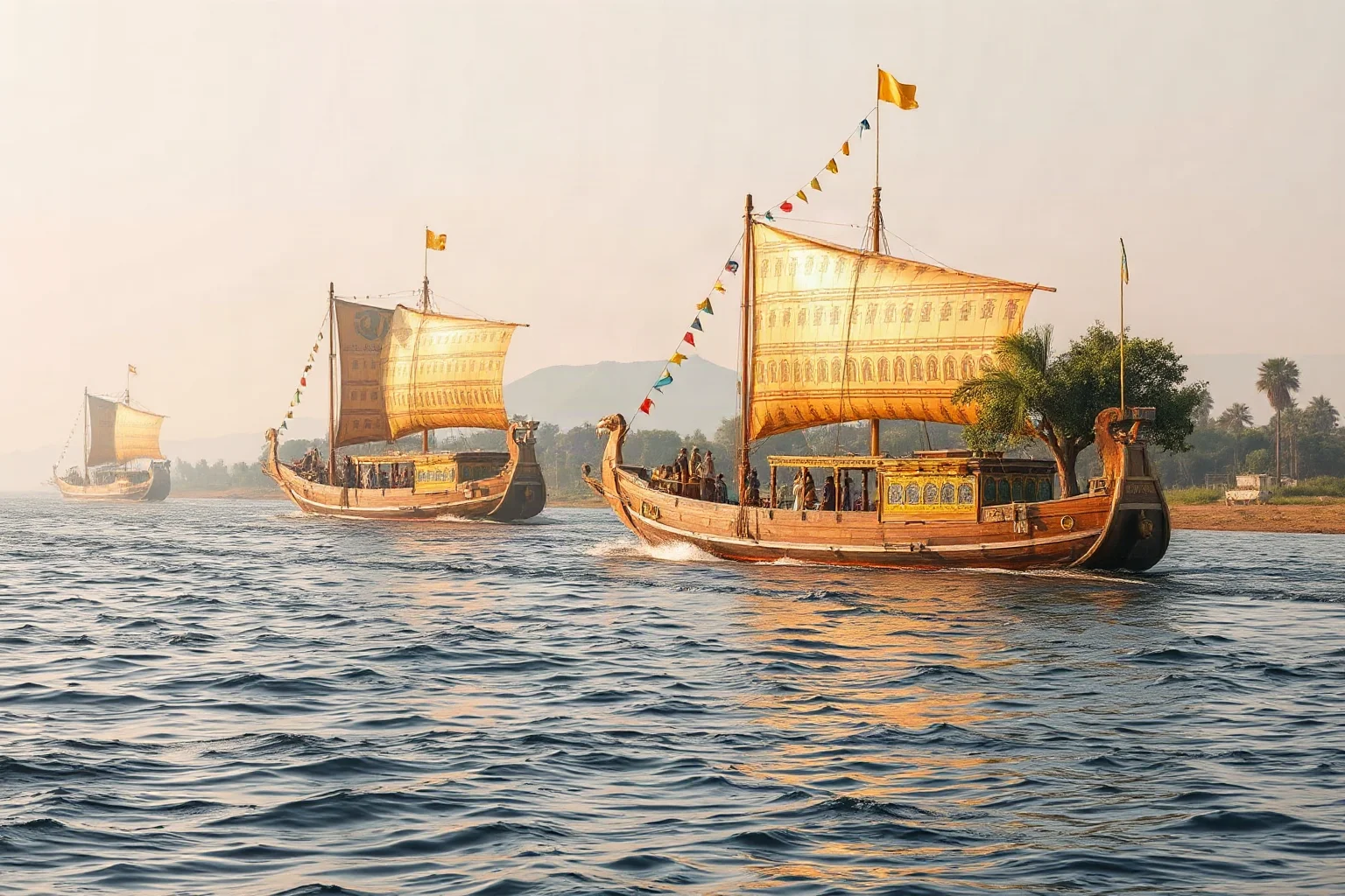 Ancient Egyptian ships loaded with exotic goods like ivory and incense trees on the Nile