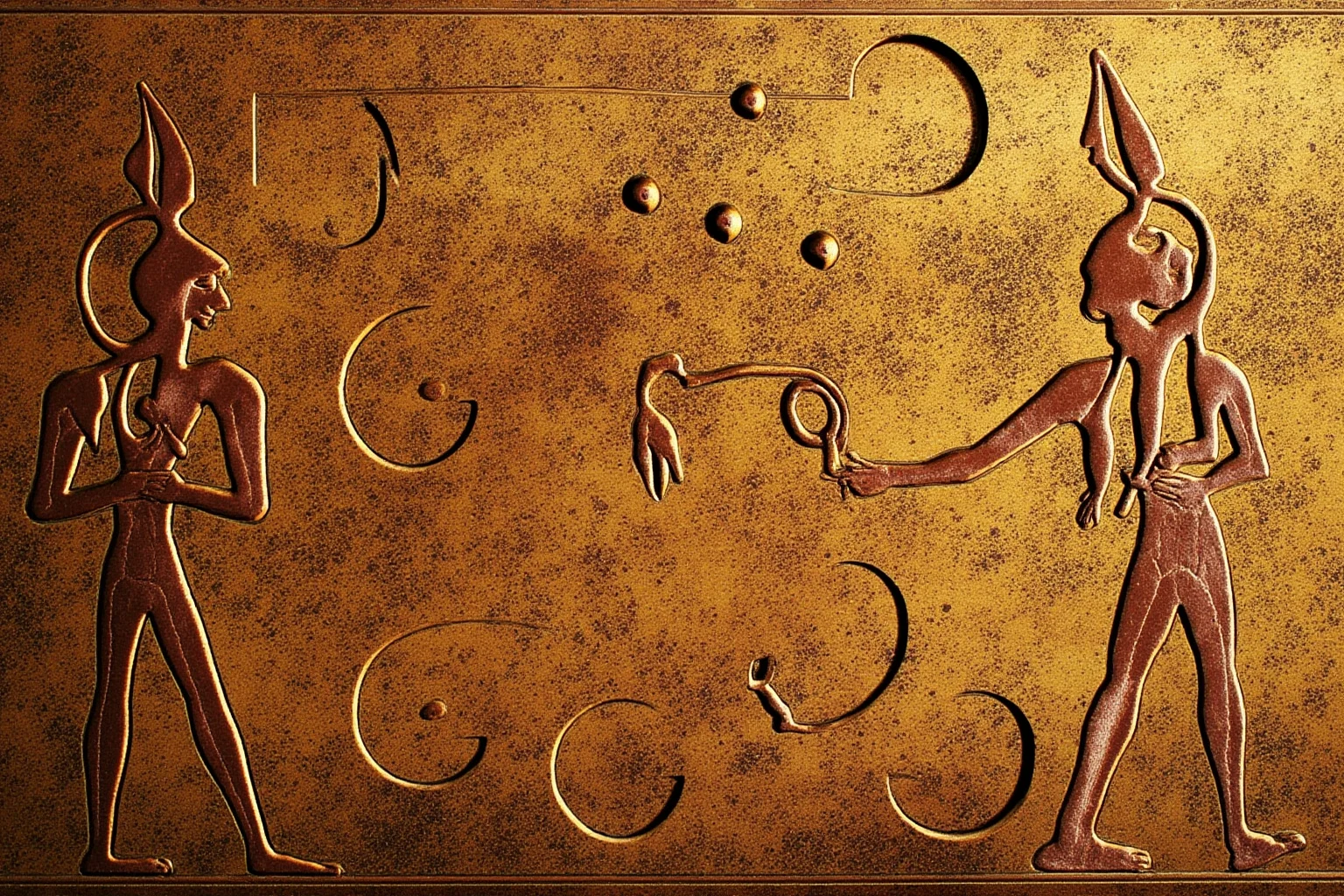 Ancient Egyptian-style wall art motif featuring stylized chaos symbolism, non-photorealistic