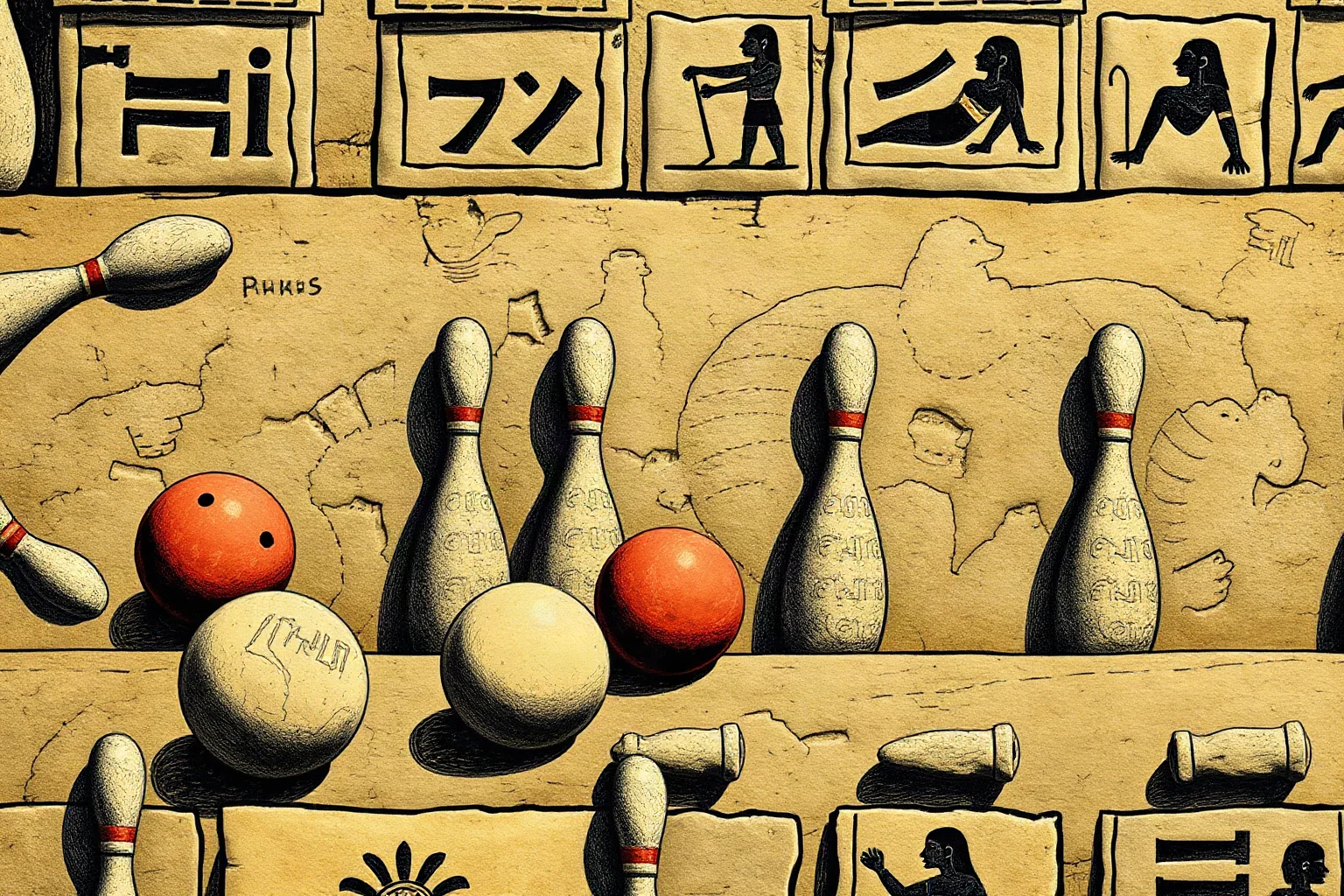 Ancient Egyptian tomb-art style illustration of stone balls and pins arranged like early bowling