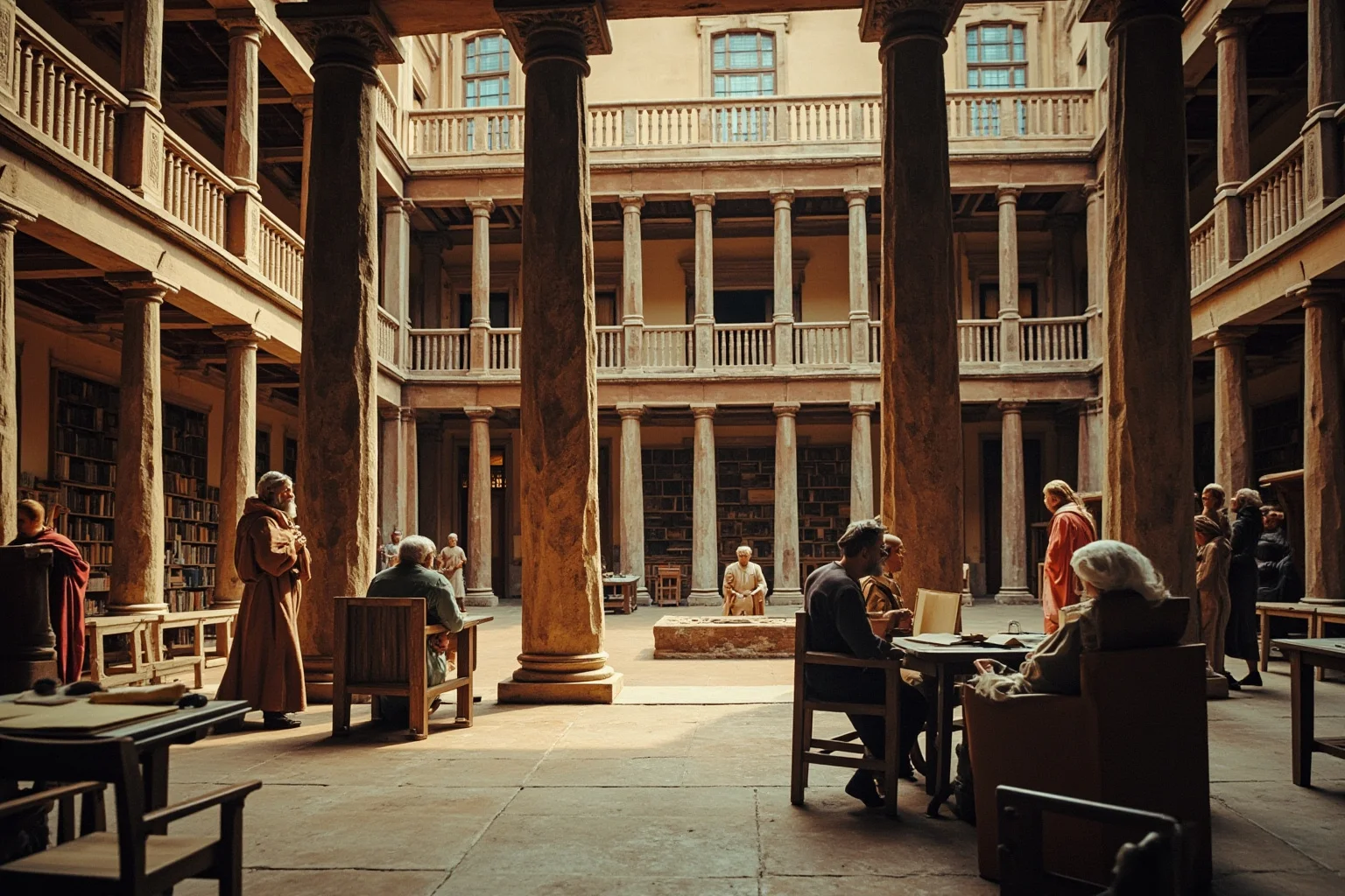 Ancient Greek academy library and courtyard with philosophers debating, scrolls scattered, scholarly atmosphere