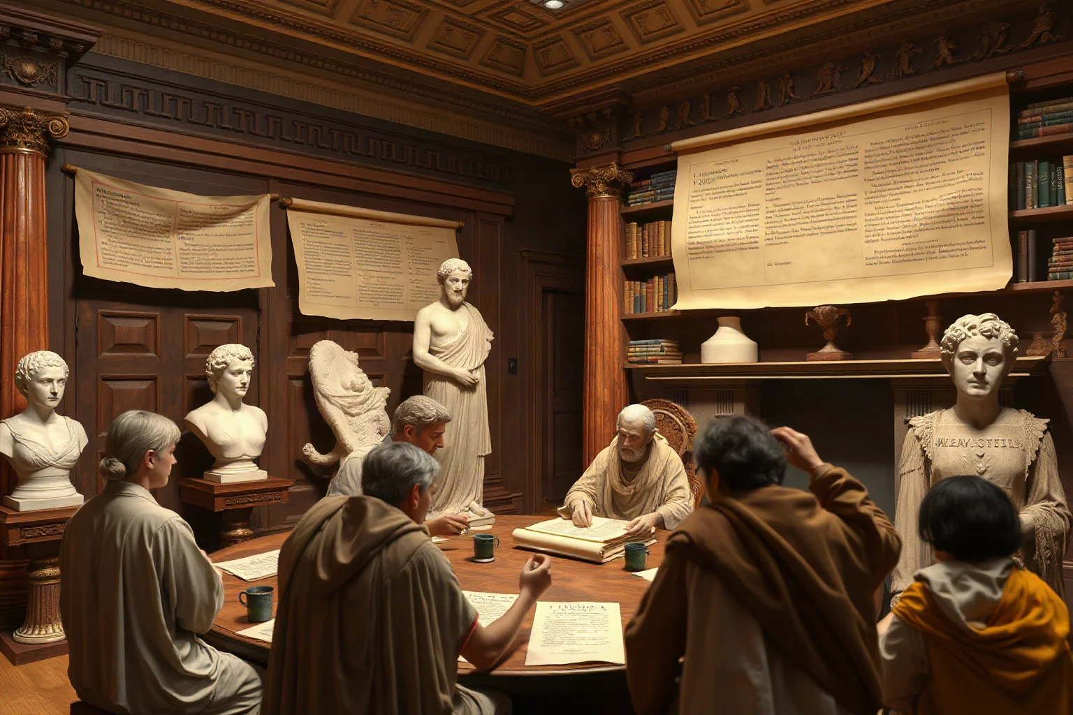 Ancient Greek academy with scrolls on logic, biology, and ethics, marble busts, and students in philosophical discussion