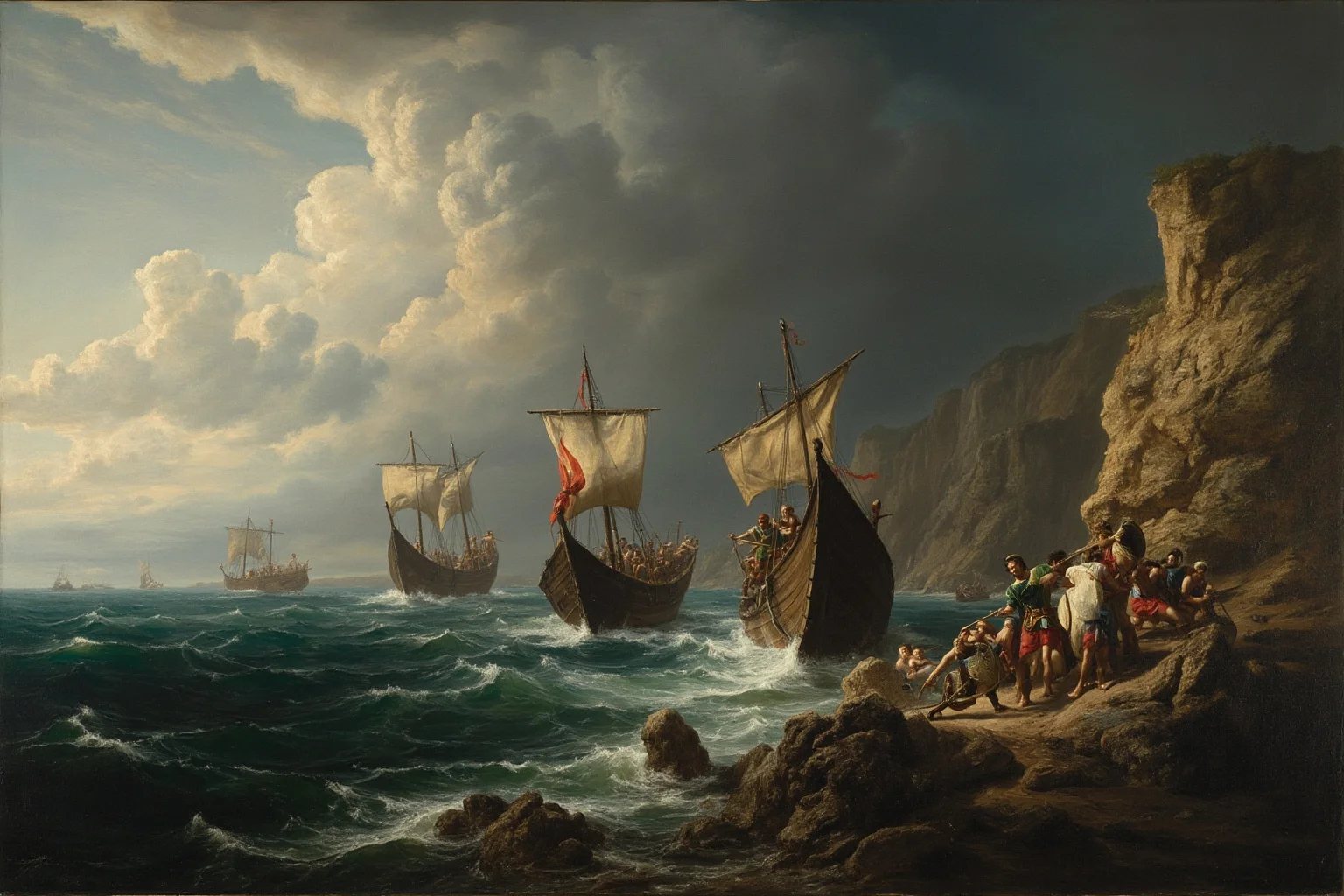 23 Important Ancient Greek Battles In History 4 Ancient Greek and Persian wooden warships maneuvering near a rocky coastline under a stormy sky