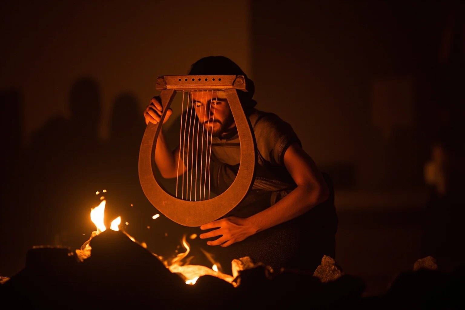 Ancient Greek bard performing epic poetry to an audience by firelight, with musical lyre
