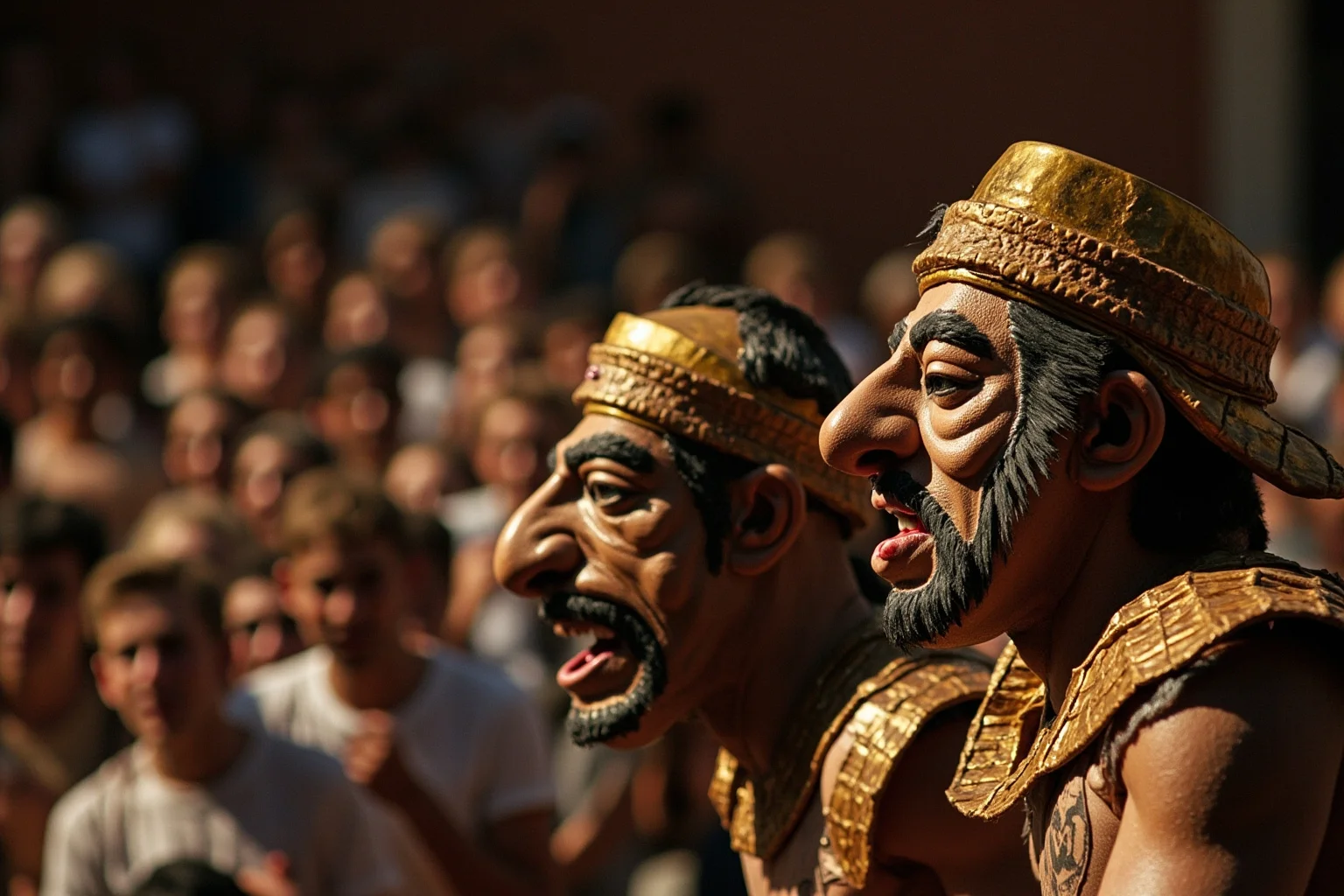 Best Insults in History: 23 Legendary Put-Downs and the Stories Behind Them 5 Ancient Greek comic actors in exaggerated masks performing on a stage before an amused Athenian audience
