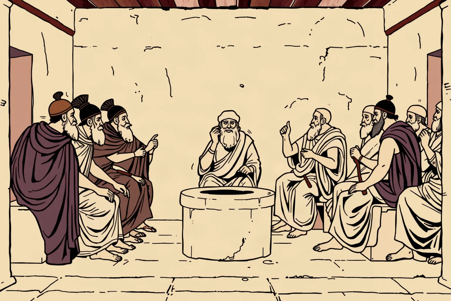 Ancient Greek council chamber scene depicting elders debating in the Spartan Gerousia