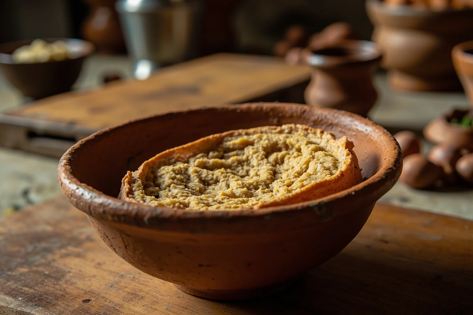 Ancient Greek Diet: 20 Foods Ancient Greeks Ate on a Daily Basis 2 A rustic clay bowl of coarse barley flatbread (maza) on a wooden table in an ancient Greek kitchen setting