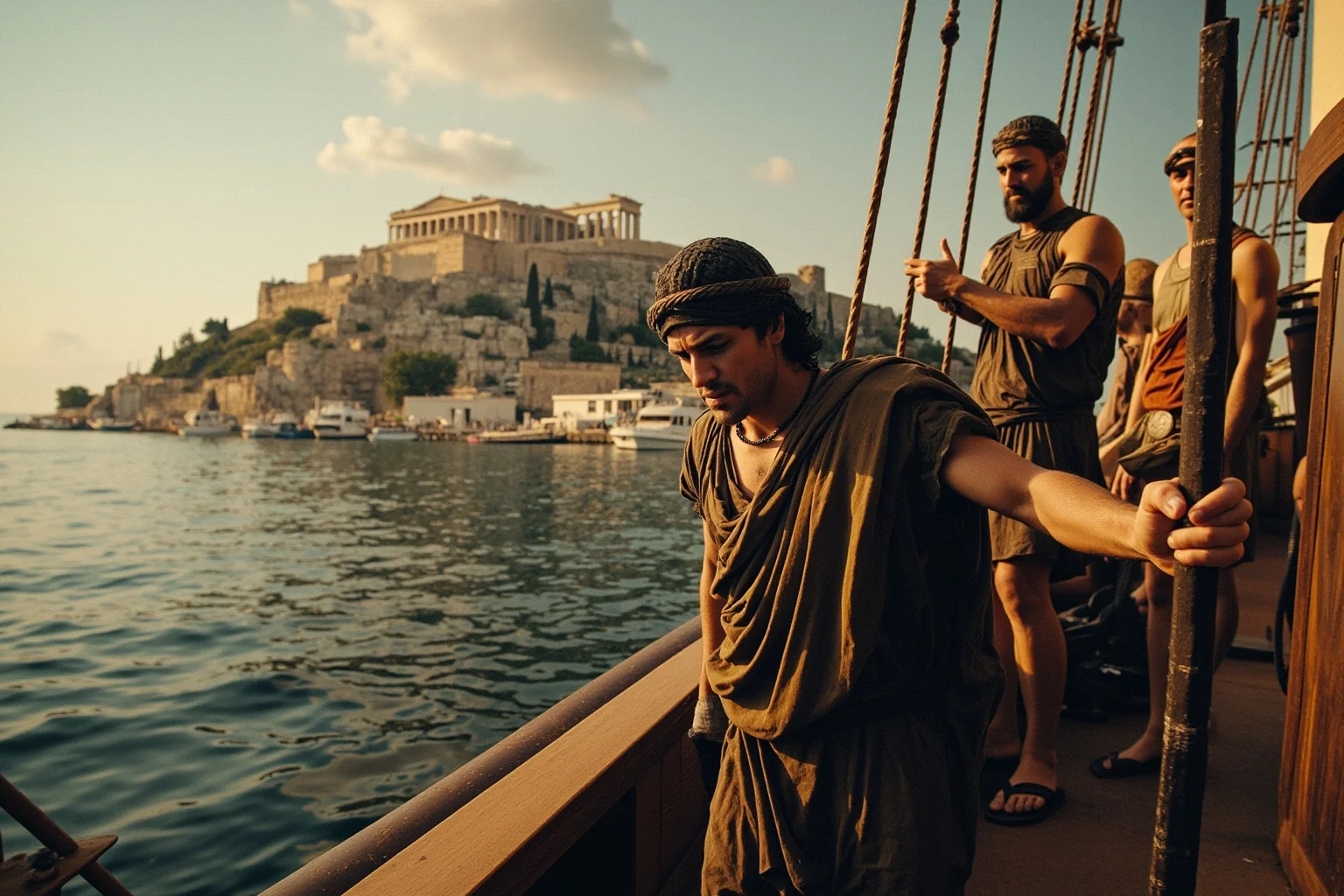 Ancient Greek figure boarding a ship to leave Athens, Acropolis in background, somber departure scene at harbor