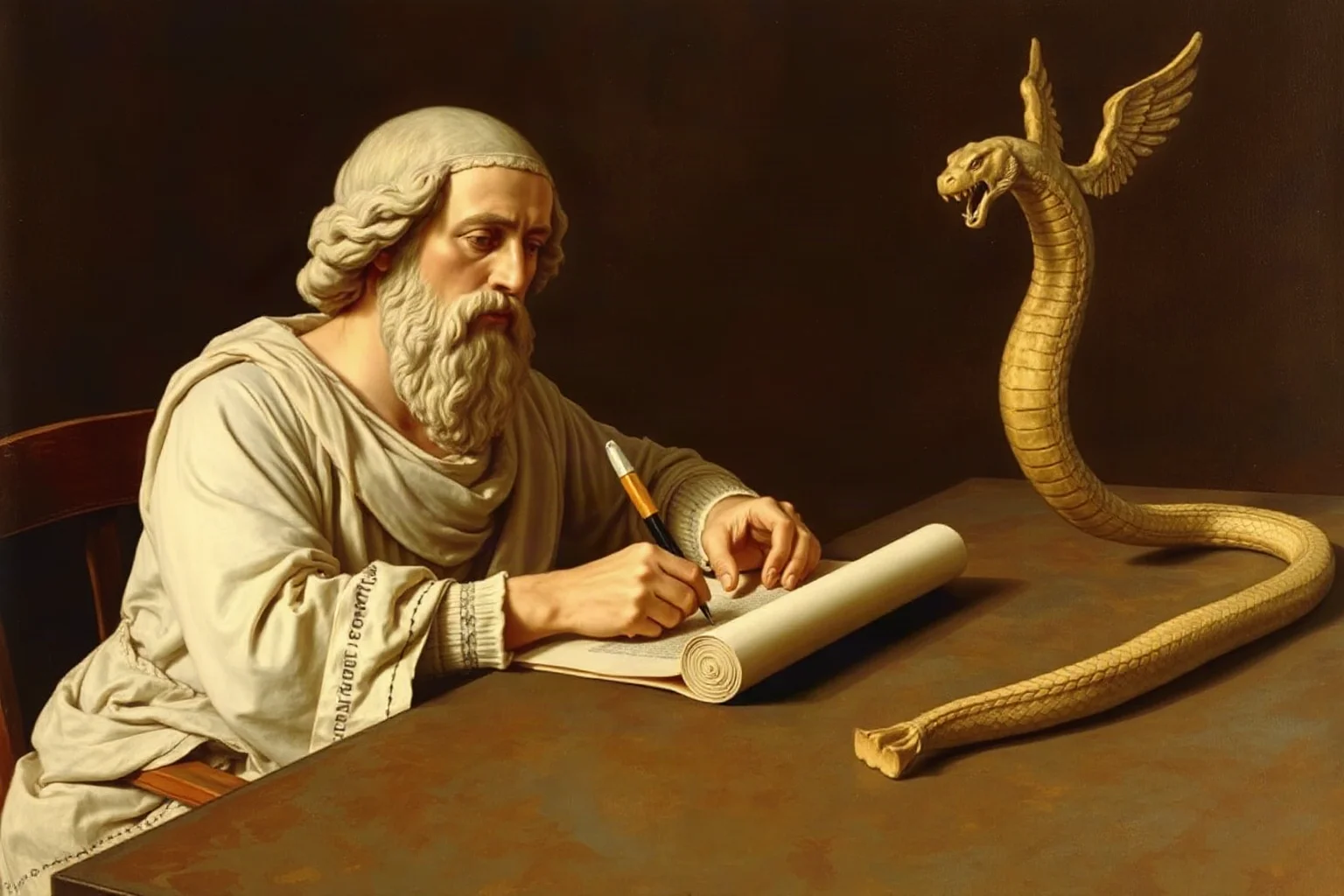 Ancient Greek historian writing at a desk with a scroll depicting a winged serpent creature nearby, Herodotus era