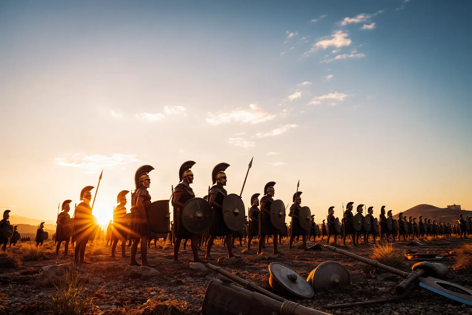 Ancient Greek hoplite soldiers standing in formation on a coastal battlefield at dawn