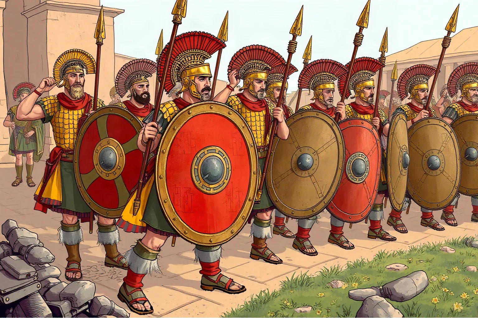 Ancient Greek illustration of hoplite soldiers with shields and spears representing the Peloponnesian War