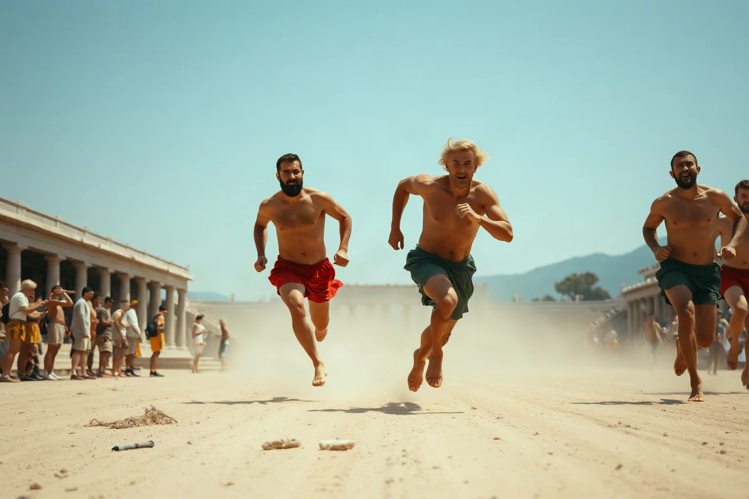Ancient Greek male athletes competing in a nude footrace at an early Olympic stadium in Olympia