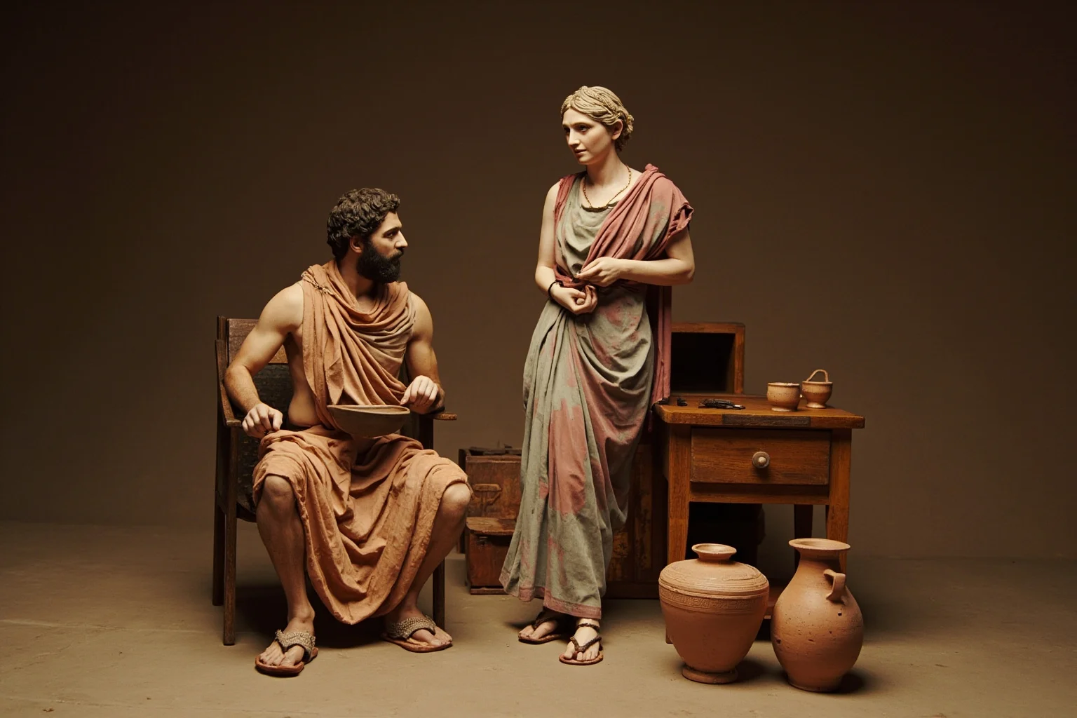 Ancient Greek man and woman in domestic setting from classical period, simple household with pottery and furnishings