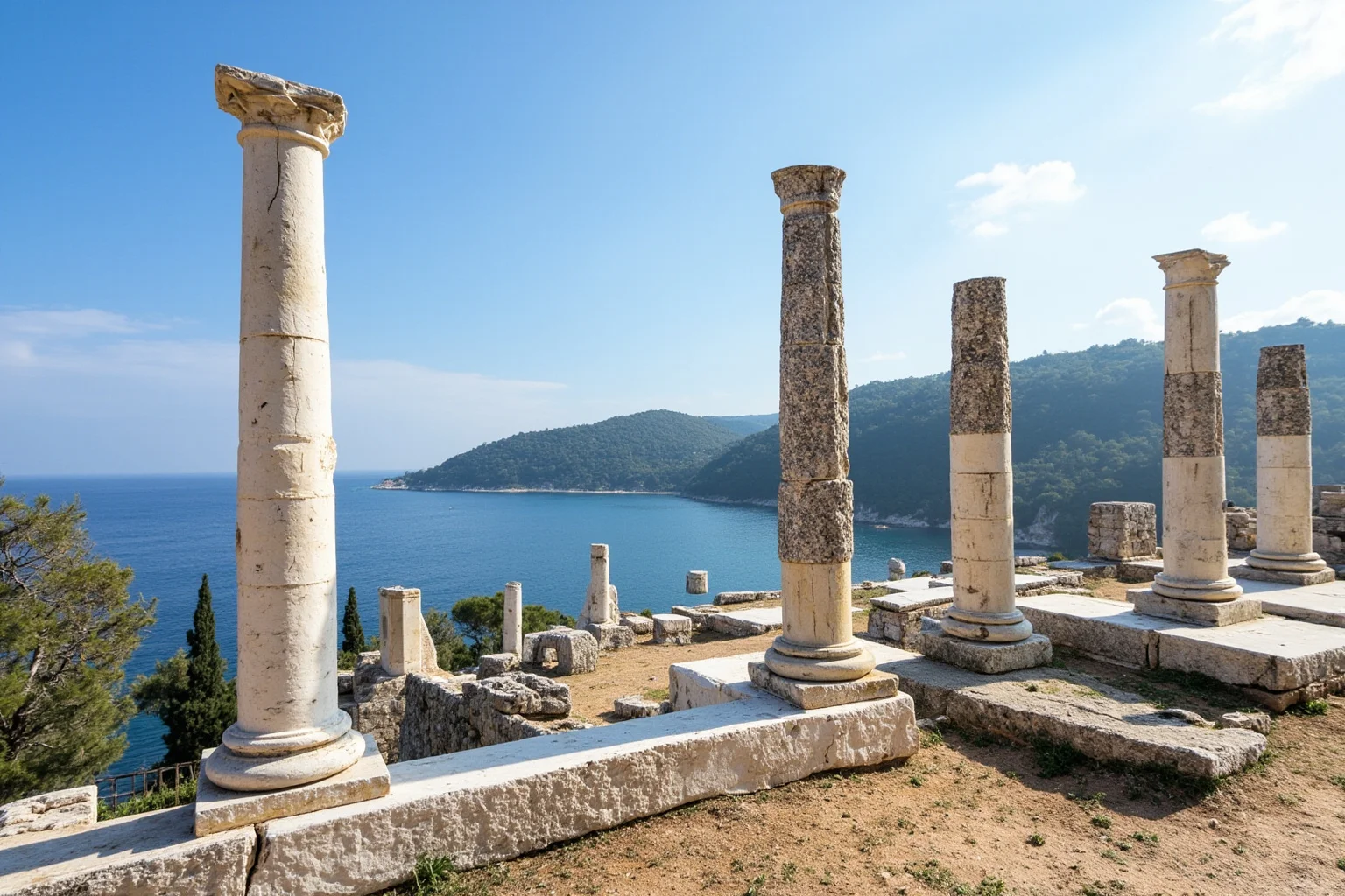 Countries With the Longest Histories (and 10 With the Shortest) 4 Ancient Greek marble ruins with classical columns overlooking a blue Mediterranean coastline