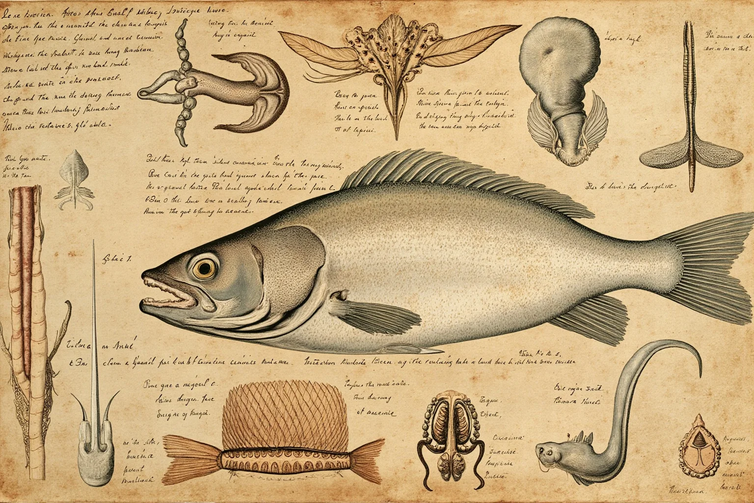 Ancient Greek naturalist dissecting and examining fish and marine creatures, detailed anatomical drawings and notes visible