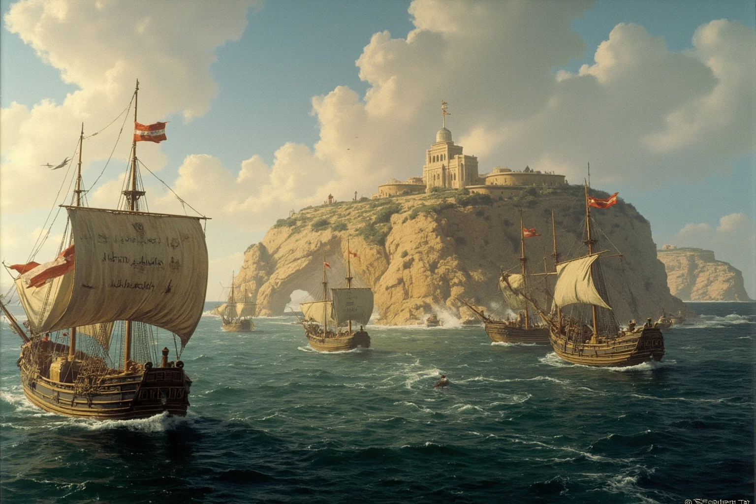 23 Important Ancient Greek Battles In History 16 Ancient Greek naval fleets clashing near a rocky peninsula with Persian-style banners visible on some ships