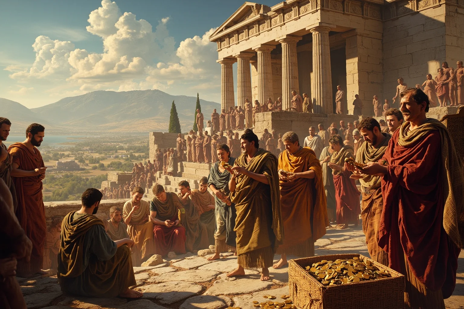 Ancient Greek officials counting coins and treasure being carried up toward a hilltop temple treasury