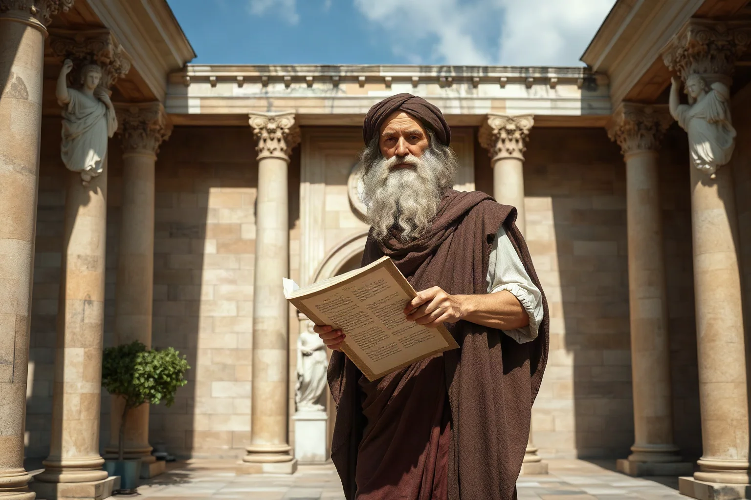 Ancient Greek philosopher in a columned academy courtyard, holding a scroll, marble statues in background