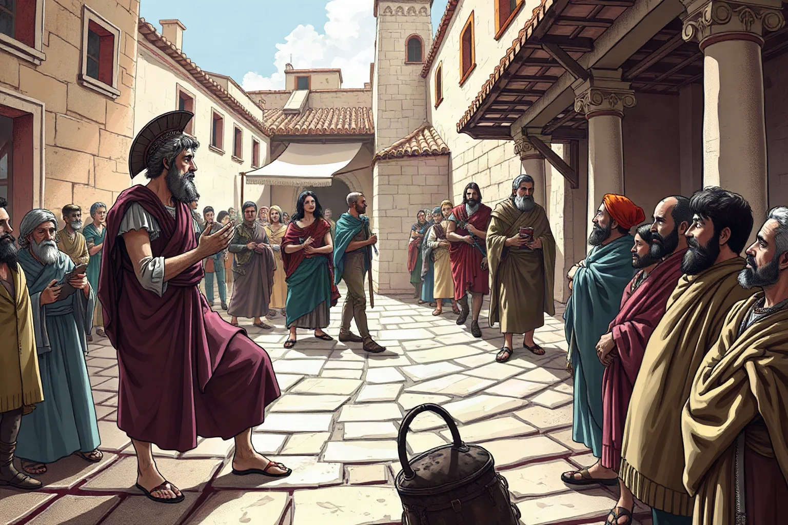 Ancient Greek philosopher in a marketplace engaging townspeople in animated discussion, classical illustration