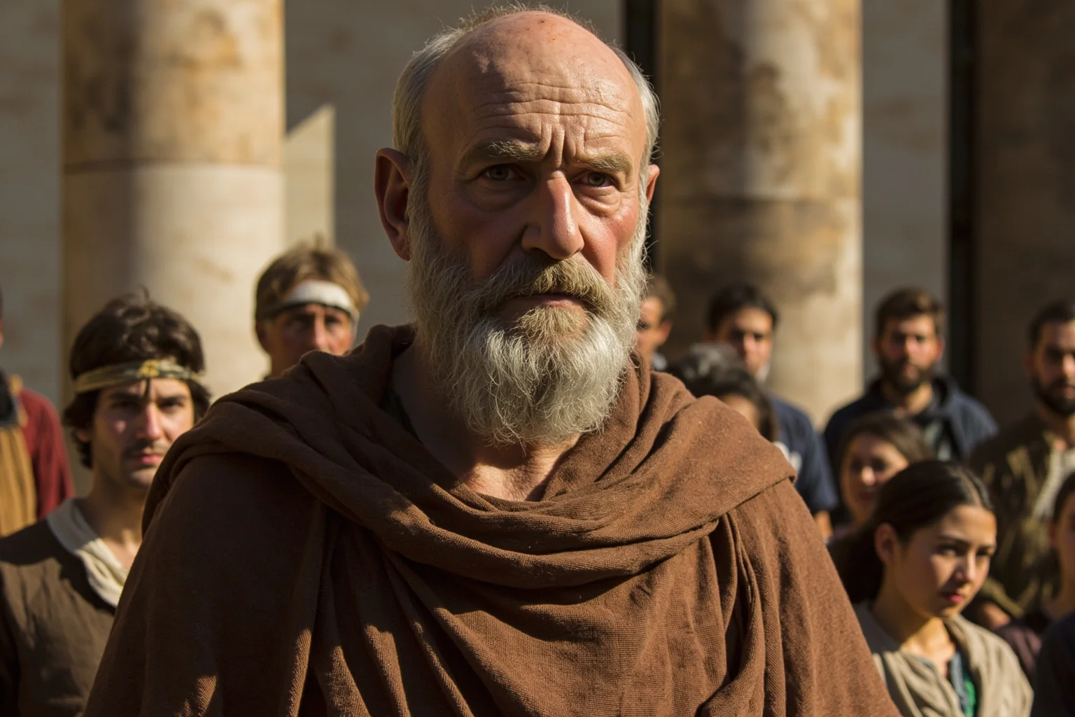 20 of History's Most Infamous 'Ugly' Figures — Myth vs. Reality 2 Ancient Greek philosopher in robes, snub nose and bulging eyes, surrounded by students in an agora, classical marble columns in background