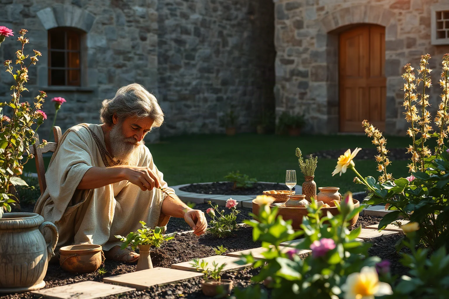 Ancient Greek philosopher tending a small peaceful garden with friends sharing a simple meal, warm sunlight