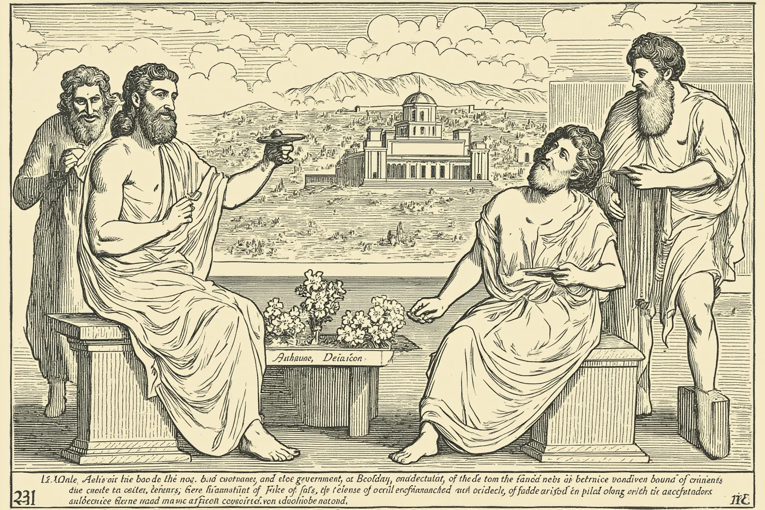 Ancient Greek philosophers analyzing different city-state governments and constitutional forms in a scholarly setting