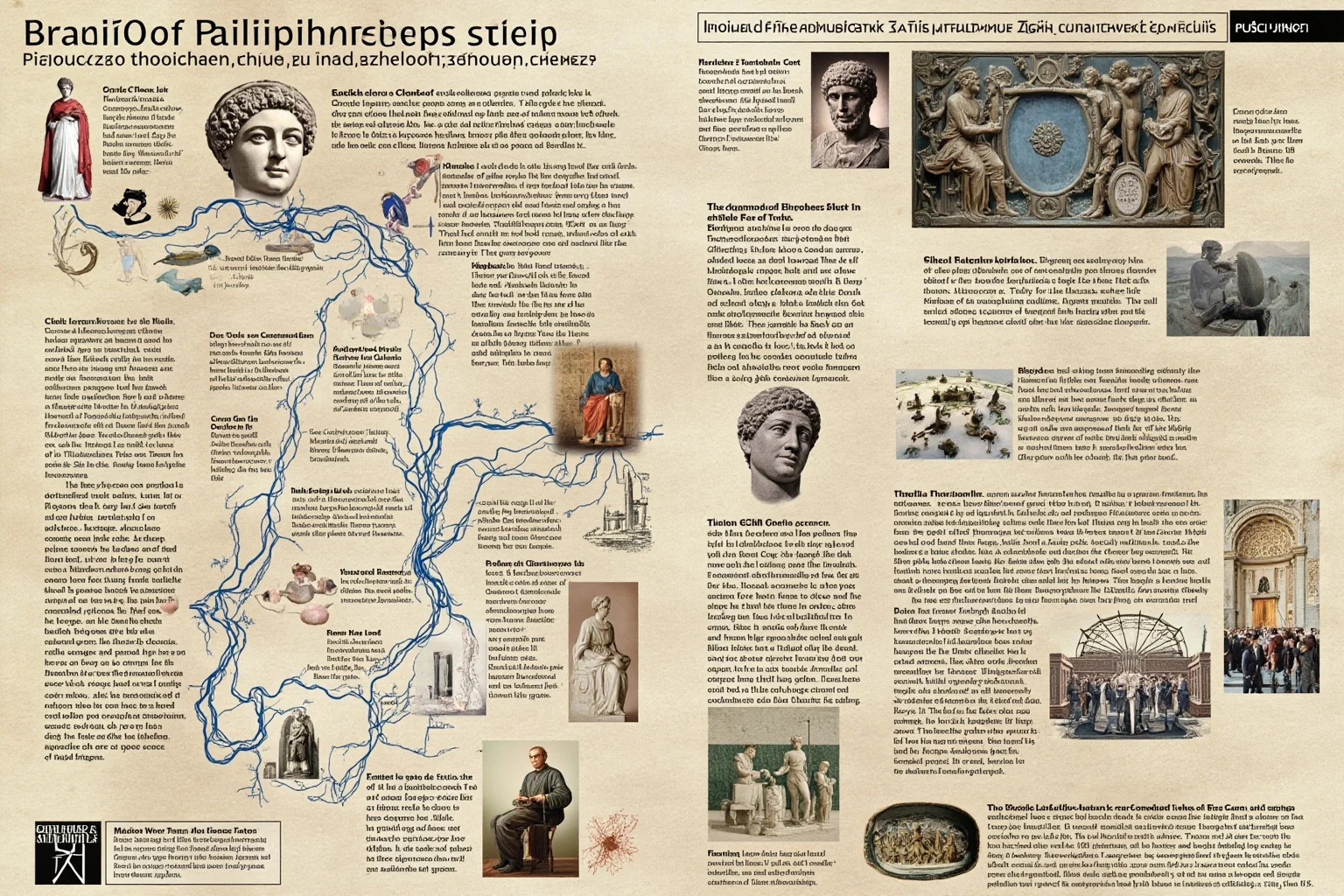 Ancient Greek philosopher's legacy represented through connected images of science, ethics, politics, and literature across time periods