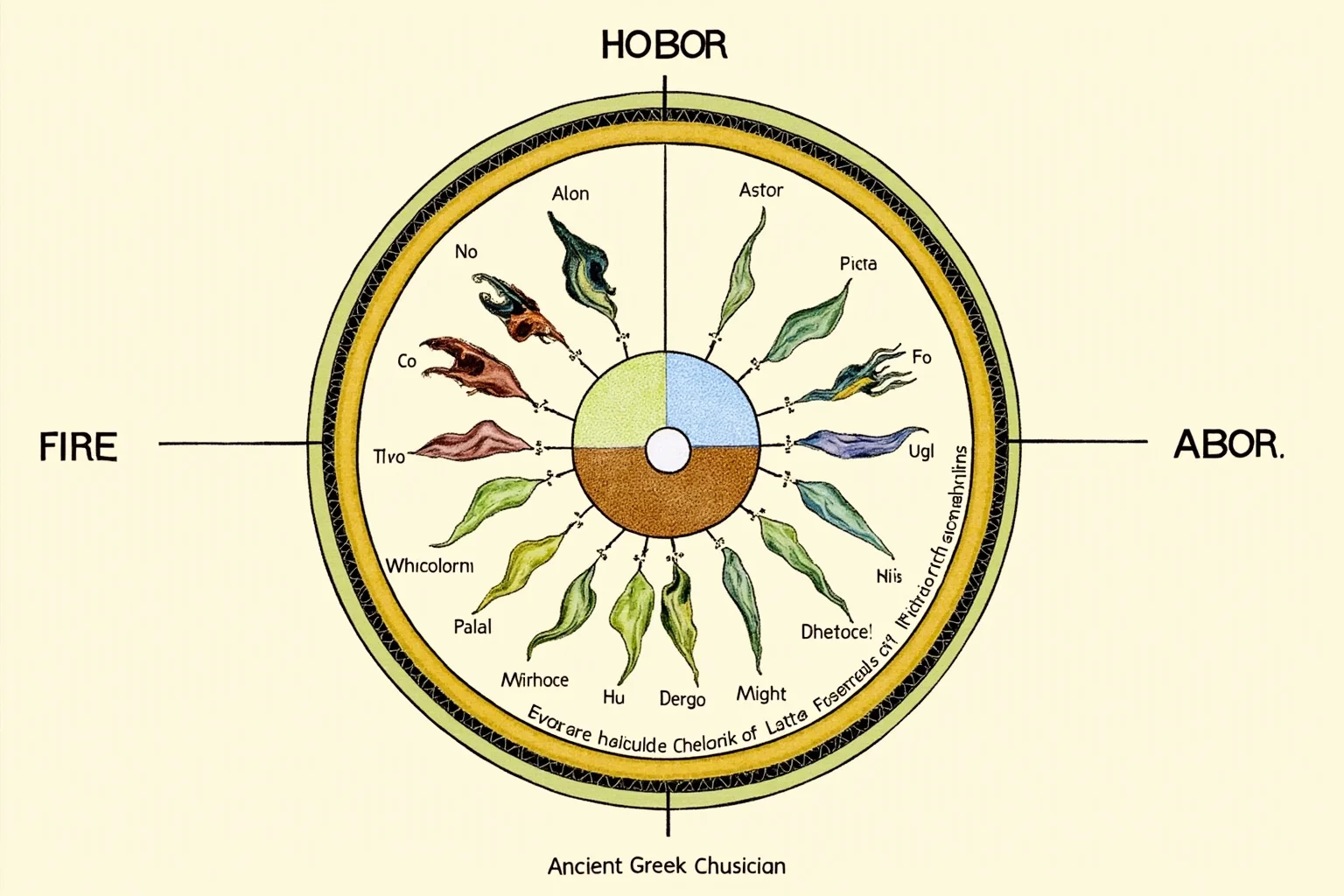 Ancient Greek physician diagram illustrating the four humors with symbolic elements like fire and water