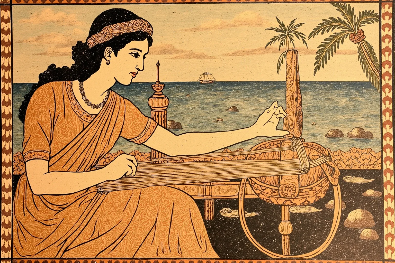 Star-Crossed Lovers: The 22 Greatest Historical Romances Ever 19 Ancient Greek pottery-style illustration of a woman weaving at a loom while gazing toward the sea