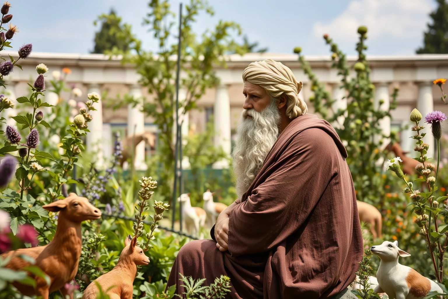 Ancient Greek scholar in a garden surrounded by plants and animals, observing nature thoughtfully, classical style