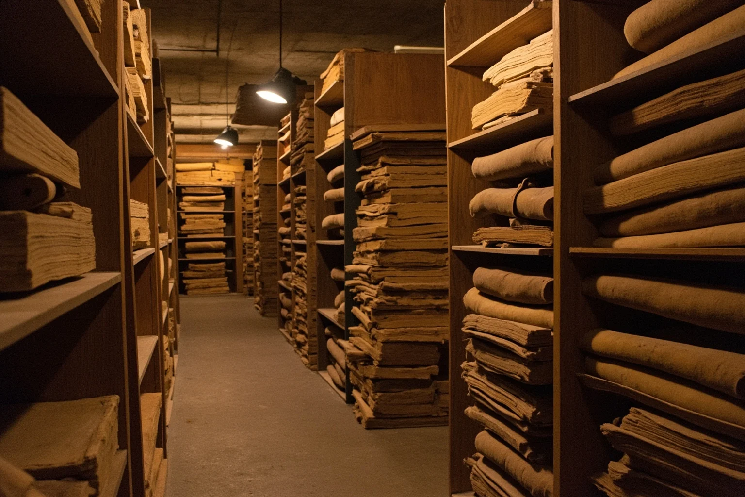 Ancient Greek scholarly library with stacks of papyrus scrolls and texts, organized but appearing aged and historical