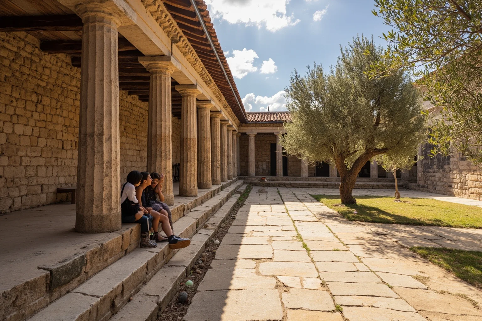Ancient Greek school courtyard with columns and covered walkway, students and teacher in discussion, olive trees visible