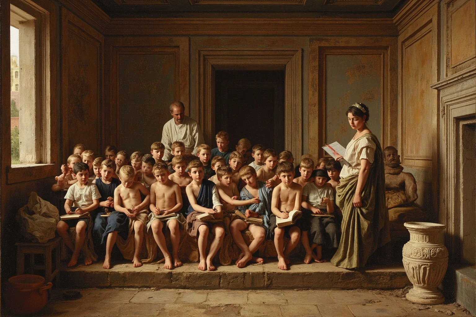 Ancient Greek school scene with young boys seated reading Homer's texts with their instructor
