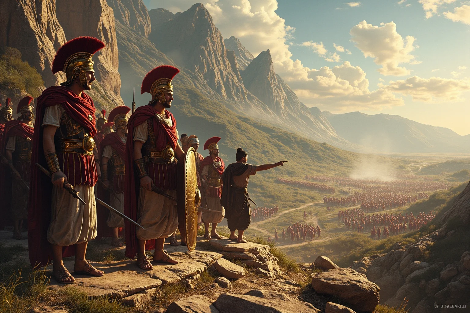 The Most Shameless Traitors of All Time 3 Ancient Greek soldiers at a mountain pass with a local guide pointing toward a hidden path, Persian army in distance
