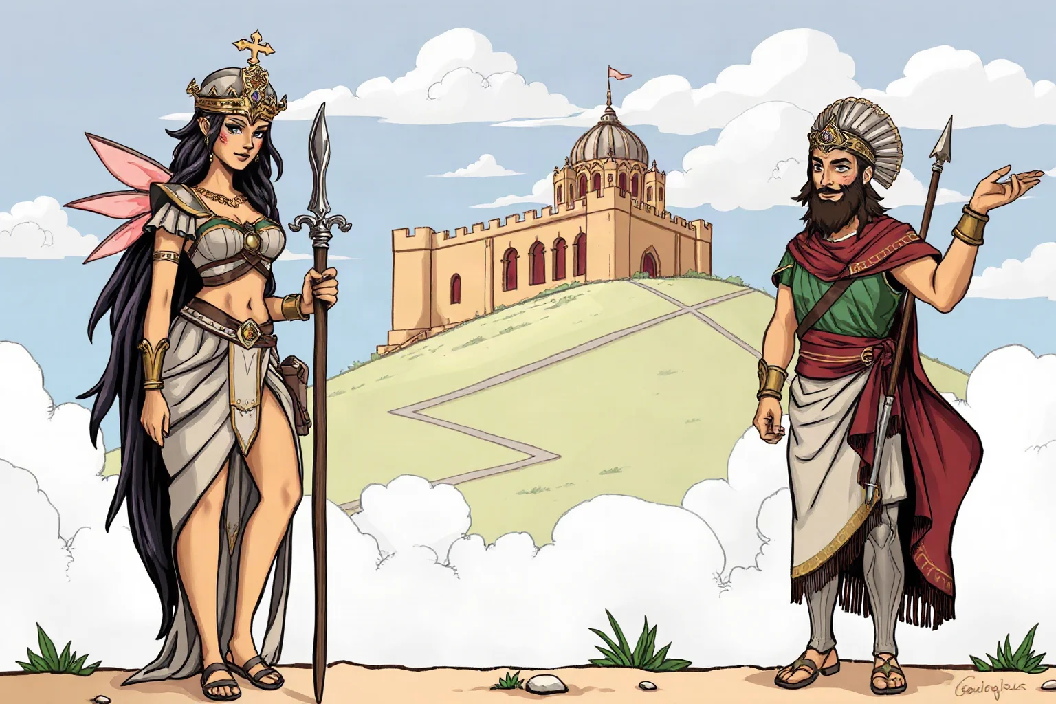 Ancient Greek-style illustration of a mythological woman and a young prince standing before a distant walled city