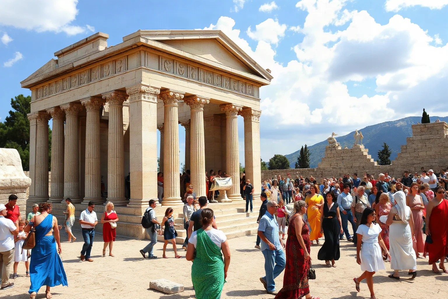Ancient Greek temple dedicated to Apollo with citizens gathered for a festival celebration