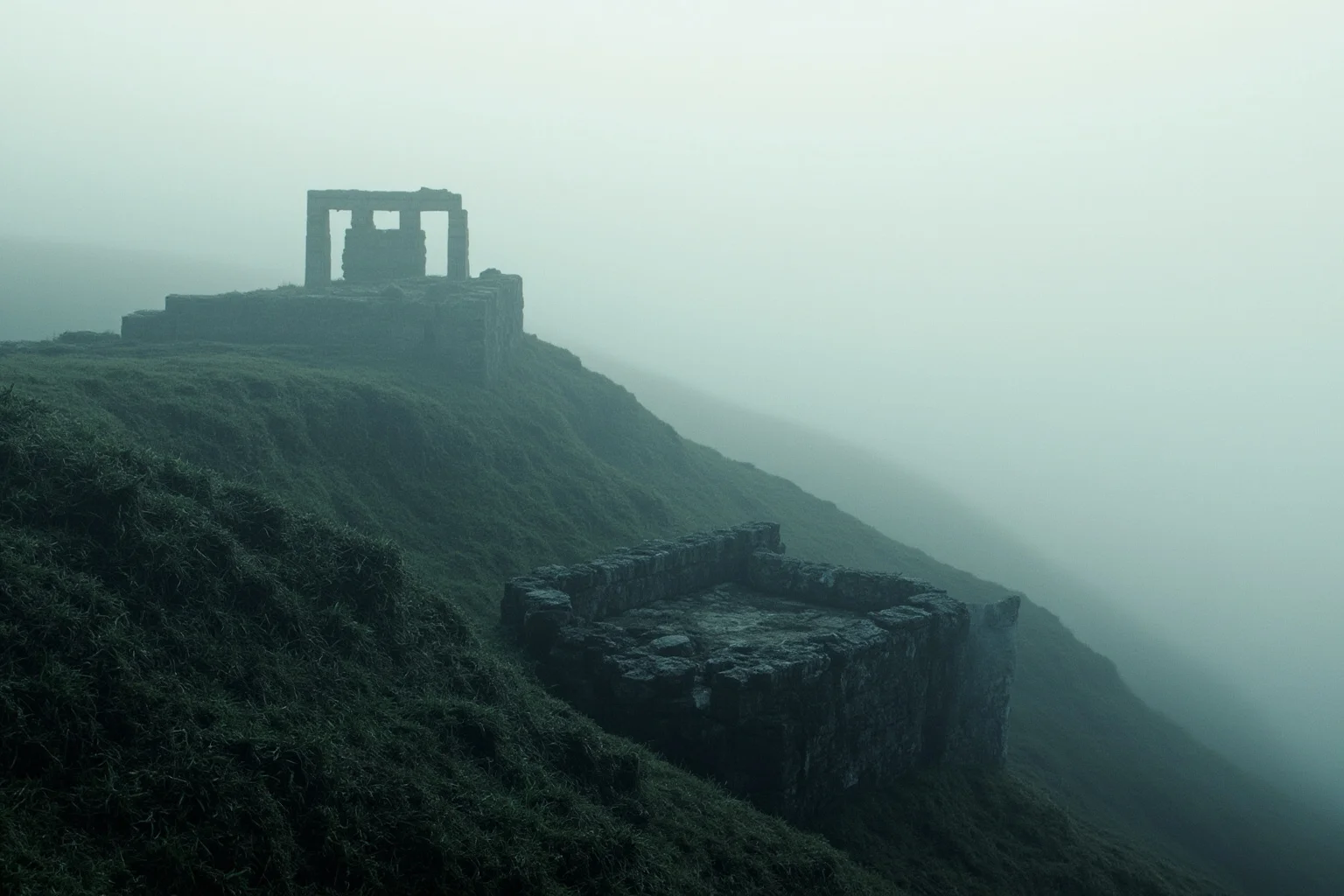 Ancient Greek temple ruins on a misty hillside representing an oracle's sacred site