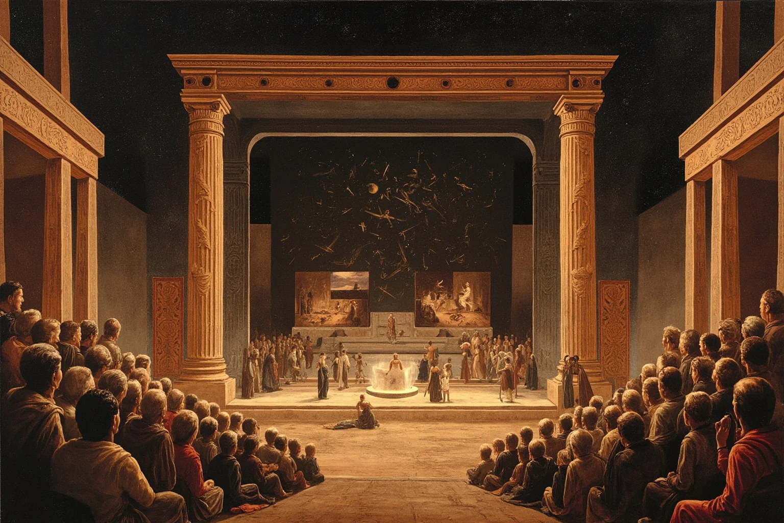 Ancient Greek theater with masks, dramatic scene, and audience, illustrating concepts of tragedy and catharsis