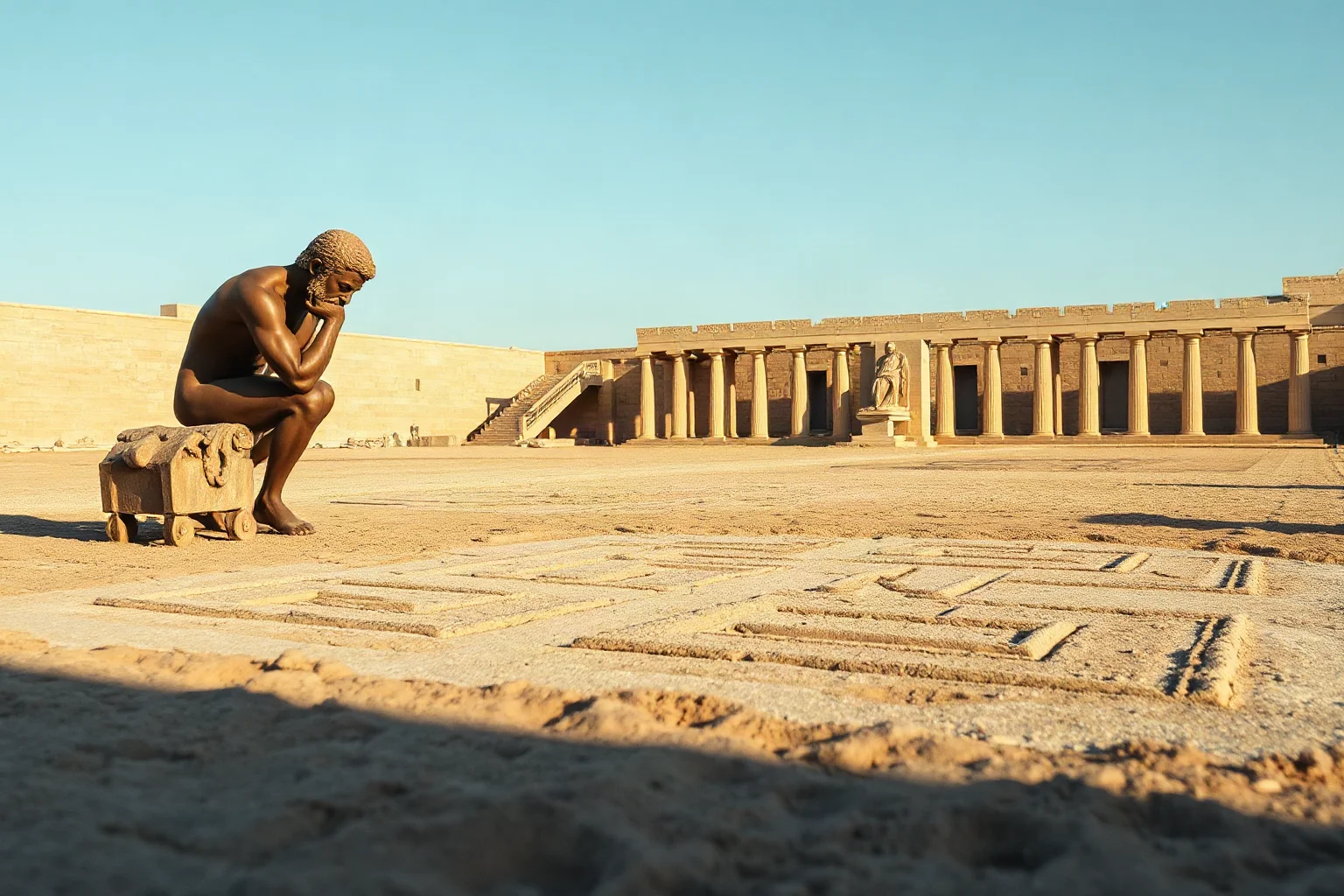 Ancient Greek thinker examining geometric shapes drawn in sand, contemplative, classical statue aesthetic