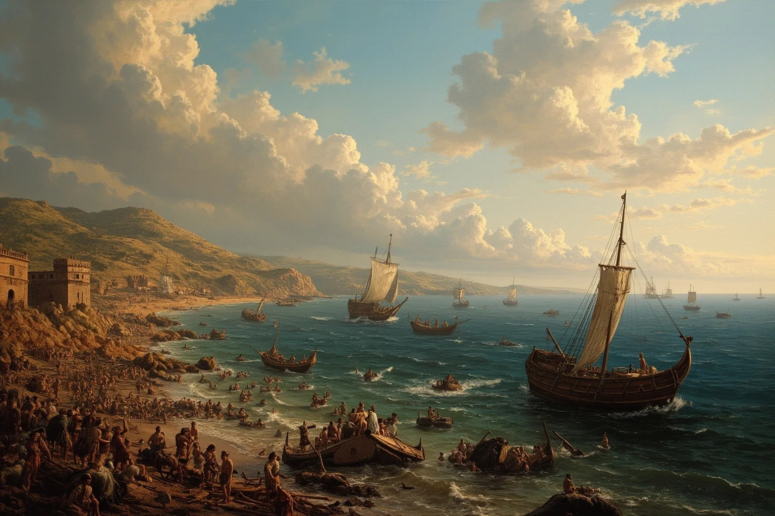 23 Important Ancient Greek Battles In History 14 Ancient Greek warships and soldiers in disarray on a Sicilian coastline, siege towers visible in distance