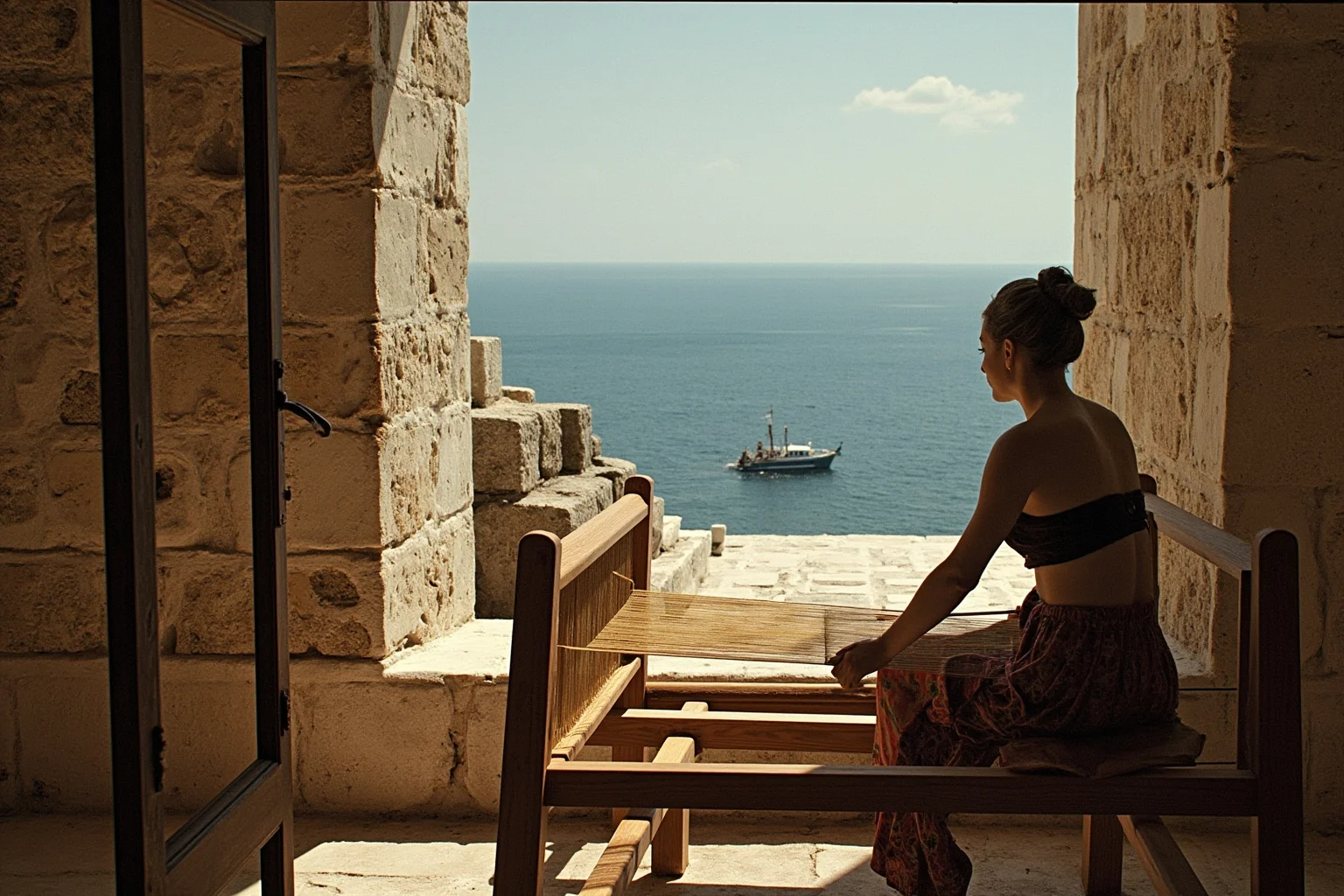 The 22 Greatest Love Stories in History 15 Ancient Greek woman at a loom in a stone courtyard, gazing toward a distant sea where a ship approaches