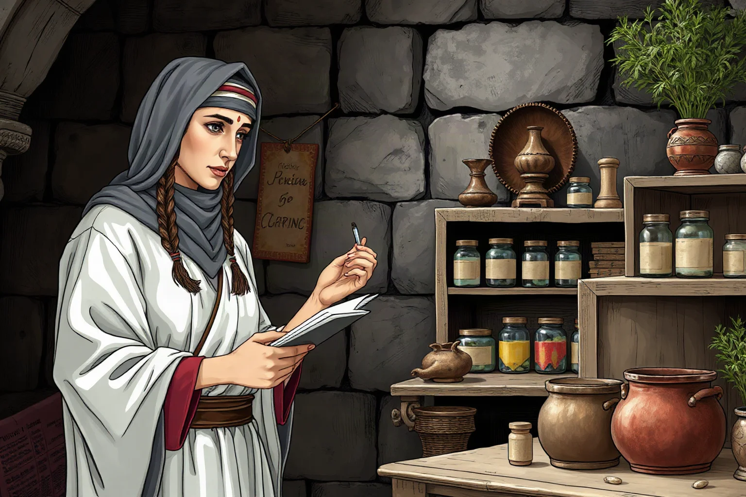 Ancient Greek woman disguised in physician's robes examining herbal medicines in a stone clinic, historical illustration style